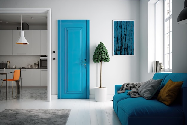 Фото Уютная гостиная с ярко-синей дверью в центре внимания генеративный ии