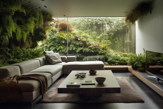 Cozy living room with abundant greenery and stylish furniture created with Generative AI technology