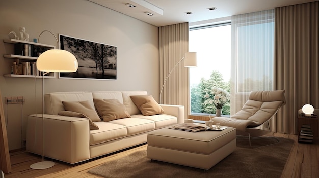 Photo cozy living room with ample furniture and expansive window