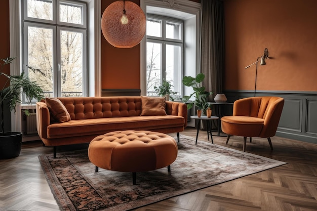 Уютная гостиная с достаточным количеством естественного света и удобной мебелью Generative AI