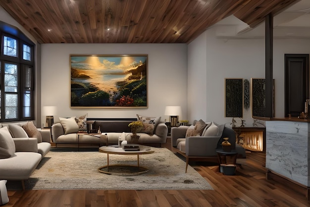 Cozy living room with a beautiful painting hanging on one of its walls