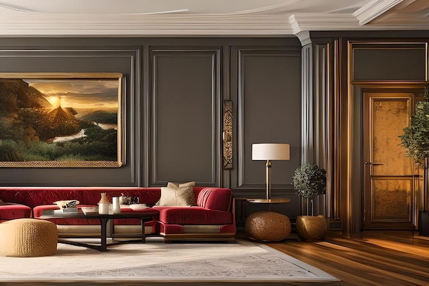 Cozy living room with a beautiful painting hanging on one of its walls