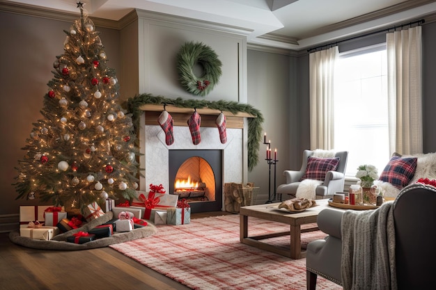 A cozy living room with a beautifully decorated christmas tree and stockings hung by the fireplace