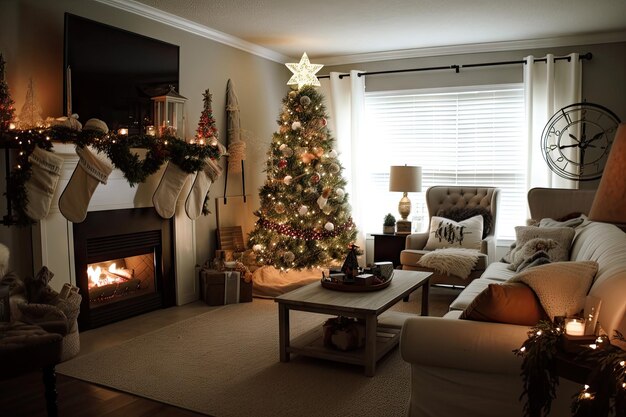 A cozy living room with a beautifully decorated tree and stockings hanging from the mantle