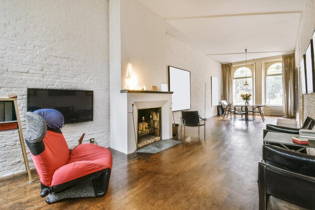 Cozy living room with black leather armchairs