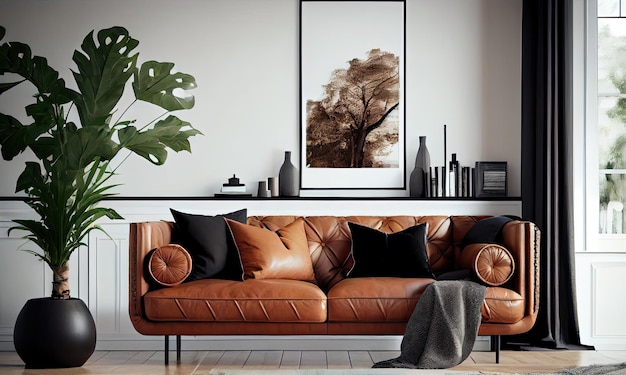 Photo cozy living room with brown leather sofa in light colors generative ai