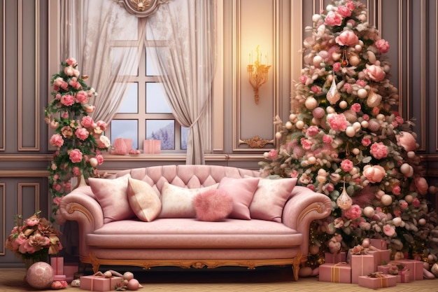 A cozy living room with a Christmas tree adorned with elegant pink floral decorations Generative AI illustration