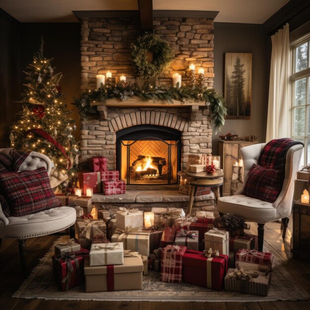 Cozy living room with Christmas tree stockings and fire crackling