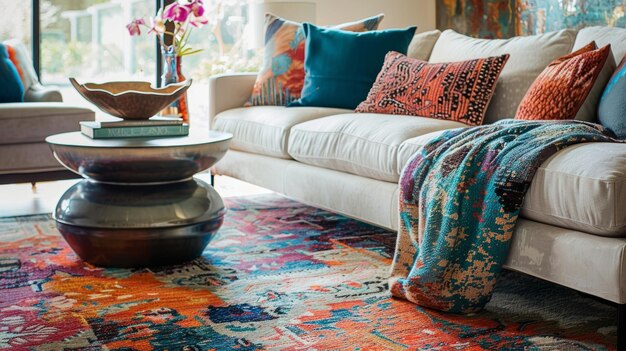 Photo a cozy living room with a colorful rug showcasing a design reminiscent of lichen and moss adding a