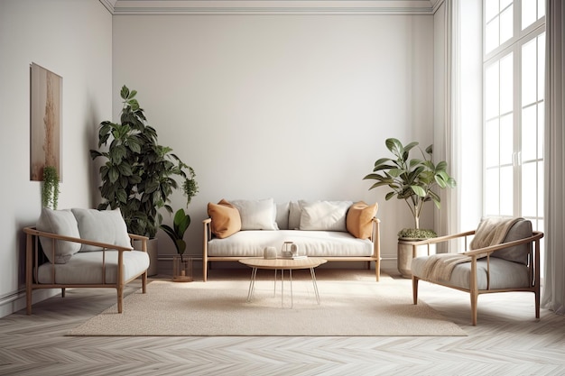 快適なソファとアームチェア、美しい鉢植えの居心地の良いリビング ルーム ジェネレーティブ AI