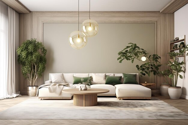 Cozy living room with a comfortable couch a coffee table and vibrant potted plants Generative AI