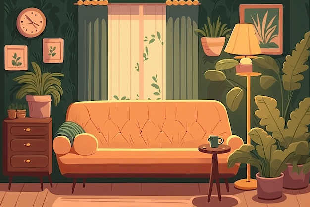 Уютная гостиная с удобным диваном и стильным журнальным столиком Генеративный AI