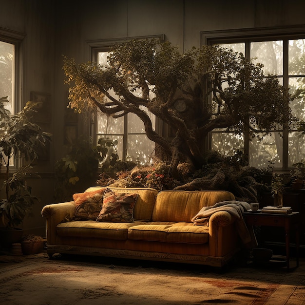 Photo cozy living room with corner tree and comfortable couch