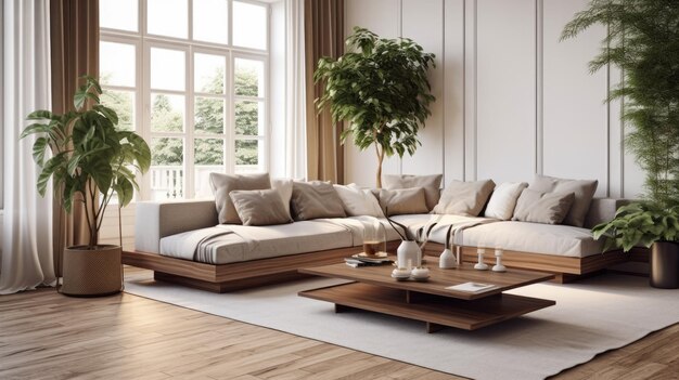 Cozy Living Room With Couch Coffee Table and Potted Plants