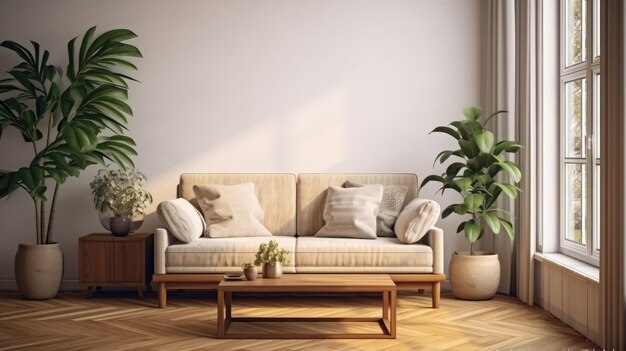 Cozy Living Room With Couch Coffee Table and Potted Plants