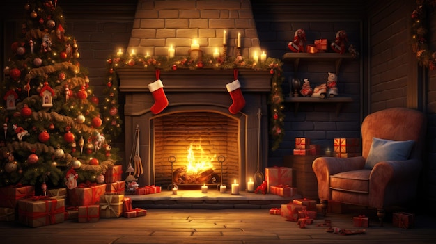 A cozy living room with a crackling fireplace stockings hung on the mantel