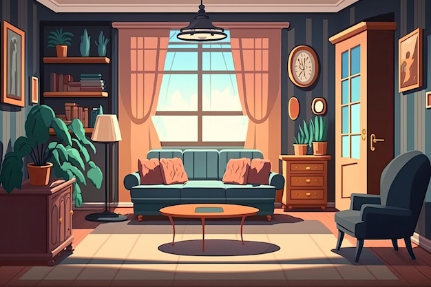 Cozy living room with an elegant clock on the wall Generative AI