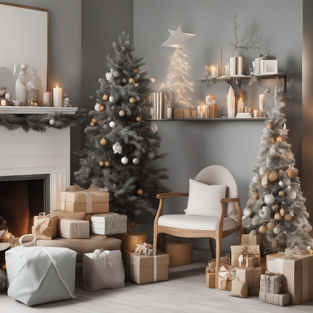 Cozy Living Room with Festive Christmas Tree and Wrapped Presents