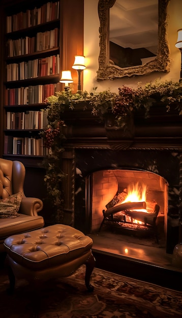 Photo cozy living room with fireplace armchair and bookshelves