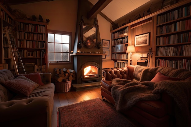 Cozy living room with fireplace books and warm blanket on the couch