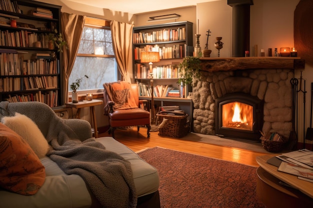 Cozy living room with fireplace bookshelf and throw blanket