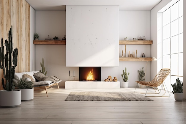 Cozy living room with a fireplace and comfortable couch Generative AI