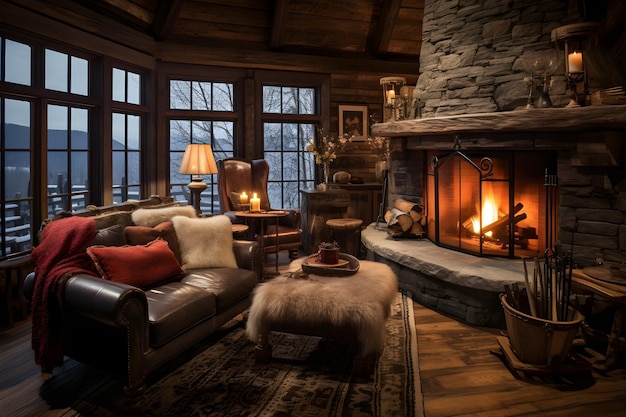 A cozy living room with a fireplace and comfortable furniture