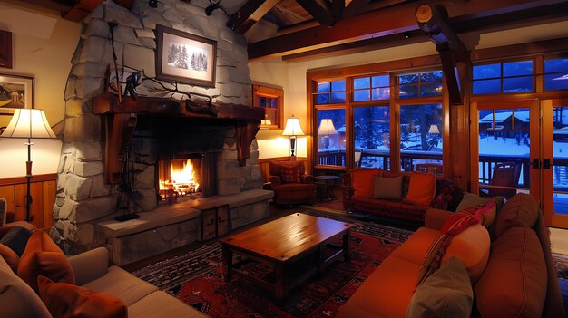 Photo a cozy living room with a fireplace comfortable sofas and a coffee table