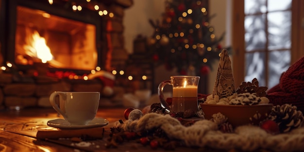 Photo a cozy living room with a fireplace a cup of coffee and a christmas tree