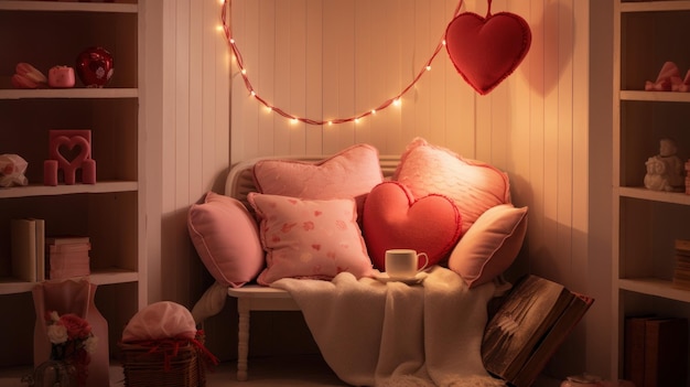 A cozy living room with a fireplace decorated with heartshaped garlands and candles