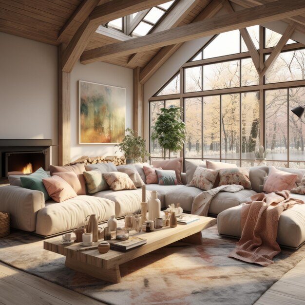 A cozy living room with a fireplace and a large window looking out onto a snowy forest