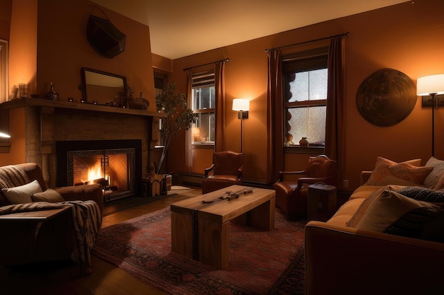 暖炉のある豪華な椅子と温かみのある照明を備えた居心地の良いリビング ルーム