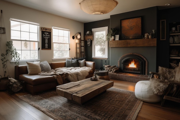 Cozy living room with fireplace throw blanket and good book