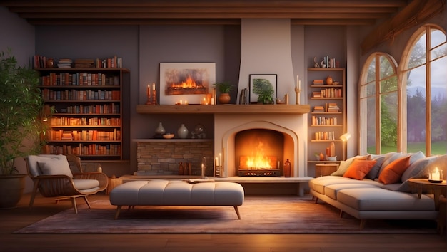 Cozy living room with a fireplace warm lighting comfortable furniture and a bookshelf filled wit