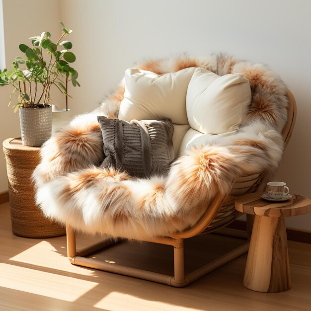 A cozy living room with a fur armchair a plant and a side table