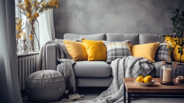 Уютная гостиная с серым диваном и ярко-желтыми подушками