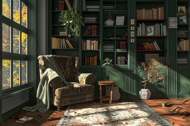 A cozy living room with a green chair a potted plant and a vase