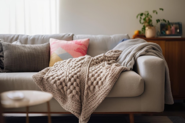 Cozy living room with knitted blanket and quilted throw on the couch