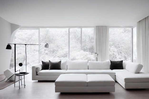 Уютная гостиная с большим белым диваном и модными деталями в интерьере