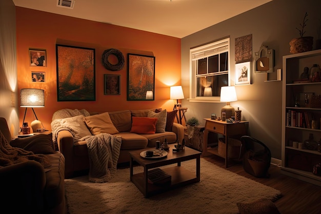 Уютная гостиная с приглушенным освещением, теплой цветовой палитрой и пушистыми одеялами