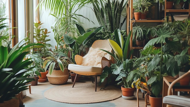 Photo cozy living room with lush indoor plants and leather sofa