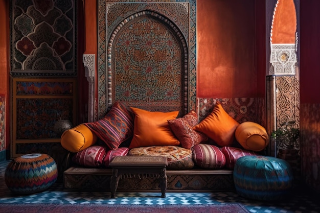 Уютная гостиная с современным диваном и подходящим пуфиком на фоне ярко-оранжевой стены Генеративный ИИ