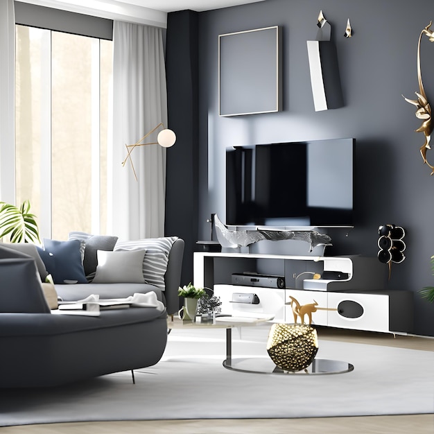 Уютная гостиная с современной мебелью и телевизором с большим экраном.