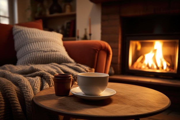 Фото Уютная гостиная с чашечкой горячего чая и камином