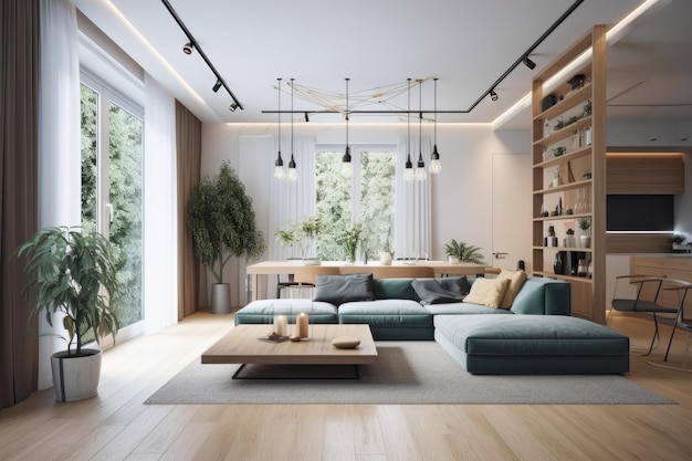 Уютная гостиная с естественным освещением и удобной мебелью Generative AI