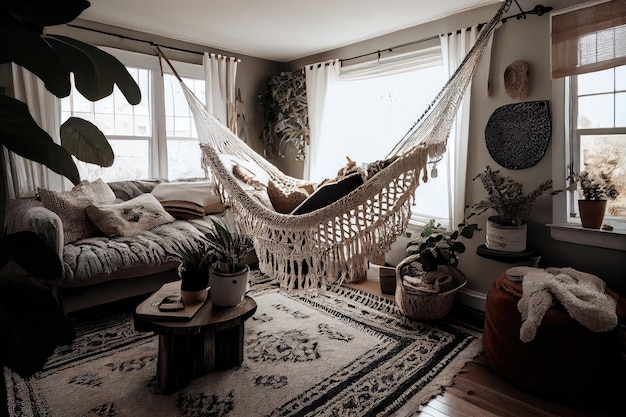 Cozy living room with patterned rug and macrame hammock created with generative ai