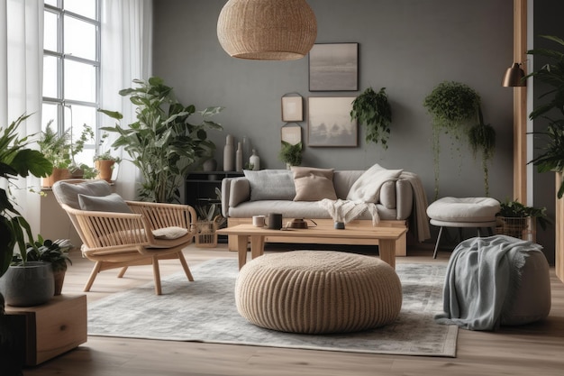 植物と快適な家具を備えた居心地の良いリビング ルーム ジェネレーティブ AI