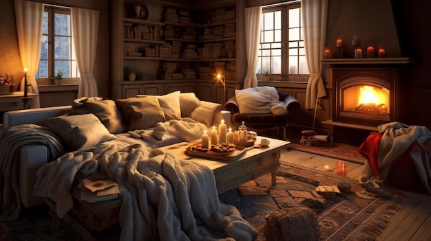 Cozy living room with plush blankets and cushions