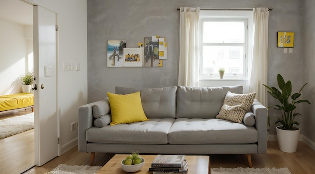 A cozy living room with a plush couch and stylish interior design accented by a houseplant