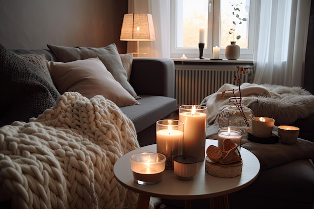 Cozy living room with plush pillows and candles for hygge